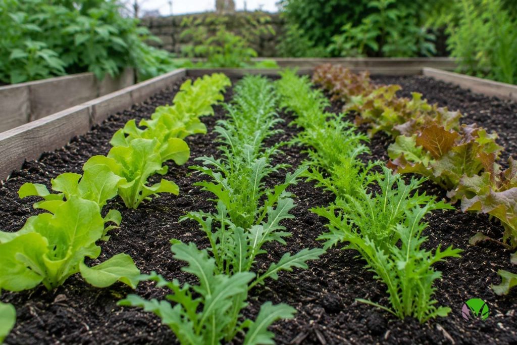 Rows of young loose-leaf lettuce and rocket seedlings growing in late summer
