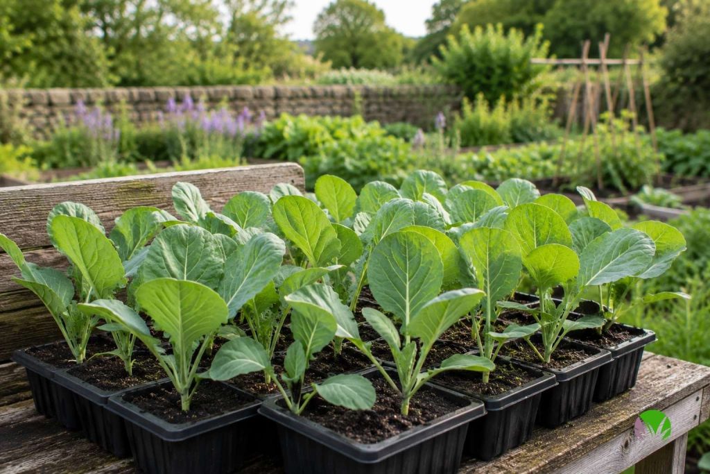Young spring cabbage seedlings in module trays ready to transplant in autumn