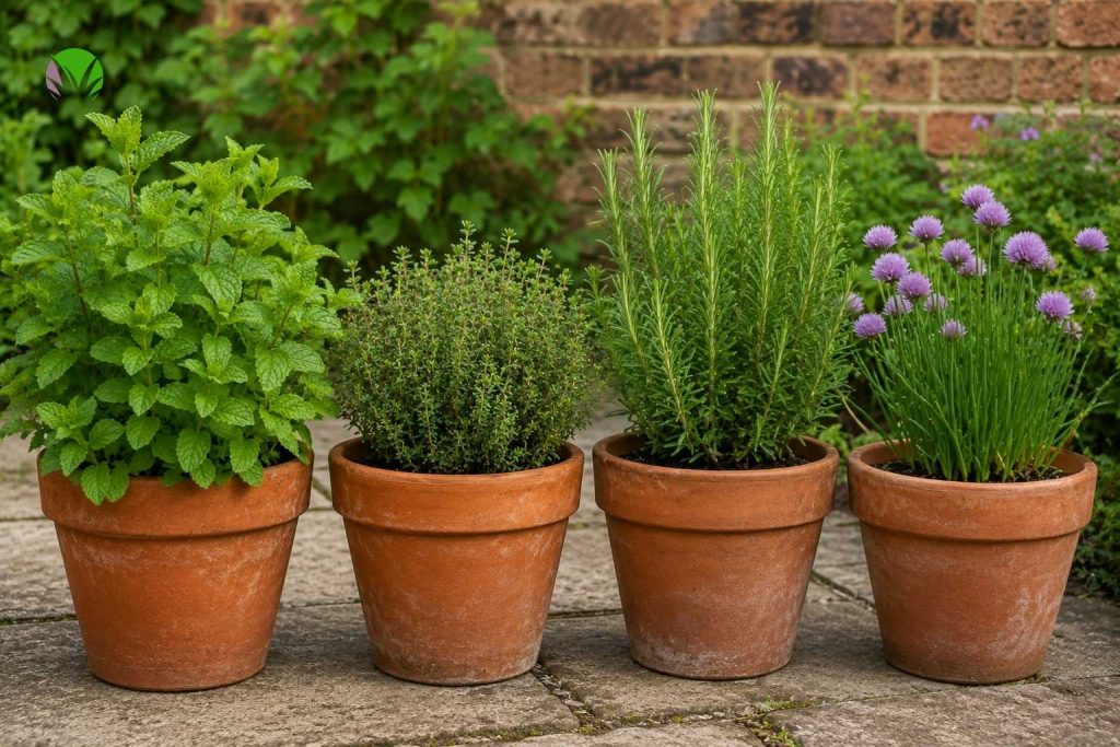 Mint, thyme, rosemary and chives growing in separate terracotta pots in a UK garden