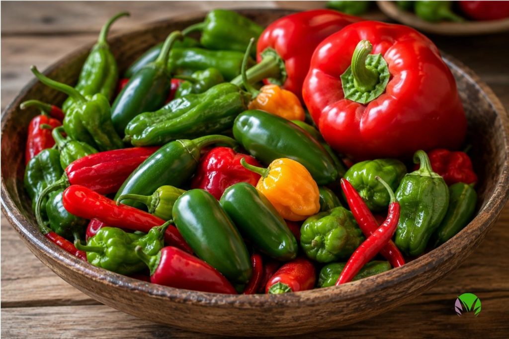 A mix of chilli and pepper varieties harvested into a bowl showing different colours and shapes