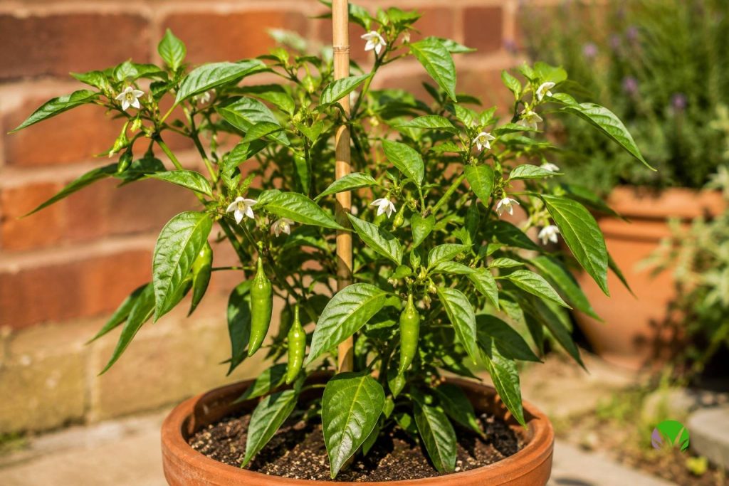 A potted chilli plant with flowers and young fruit on a sunny UK patio