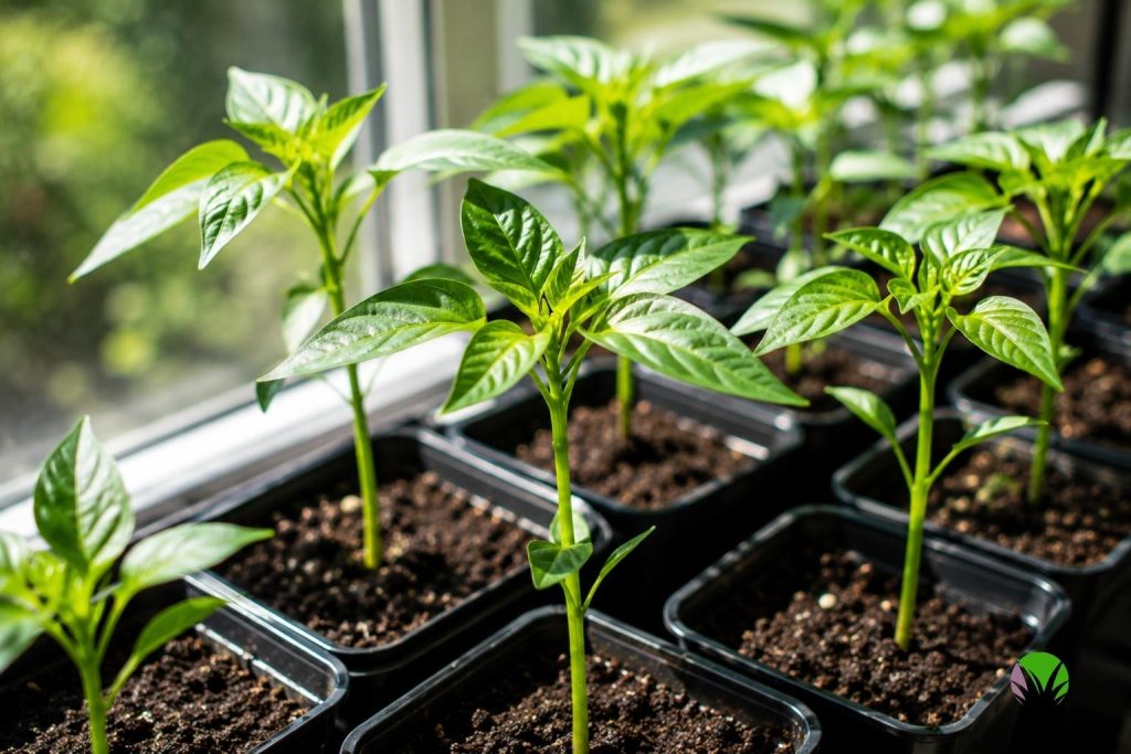Young chilli seedlings growing on a bright sunny windowsill in a UK home