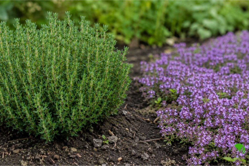 Upright culinary thyme and low spreading creeping thyme shown side by side in a UK garden