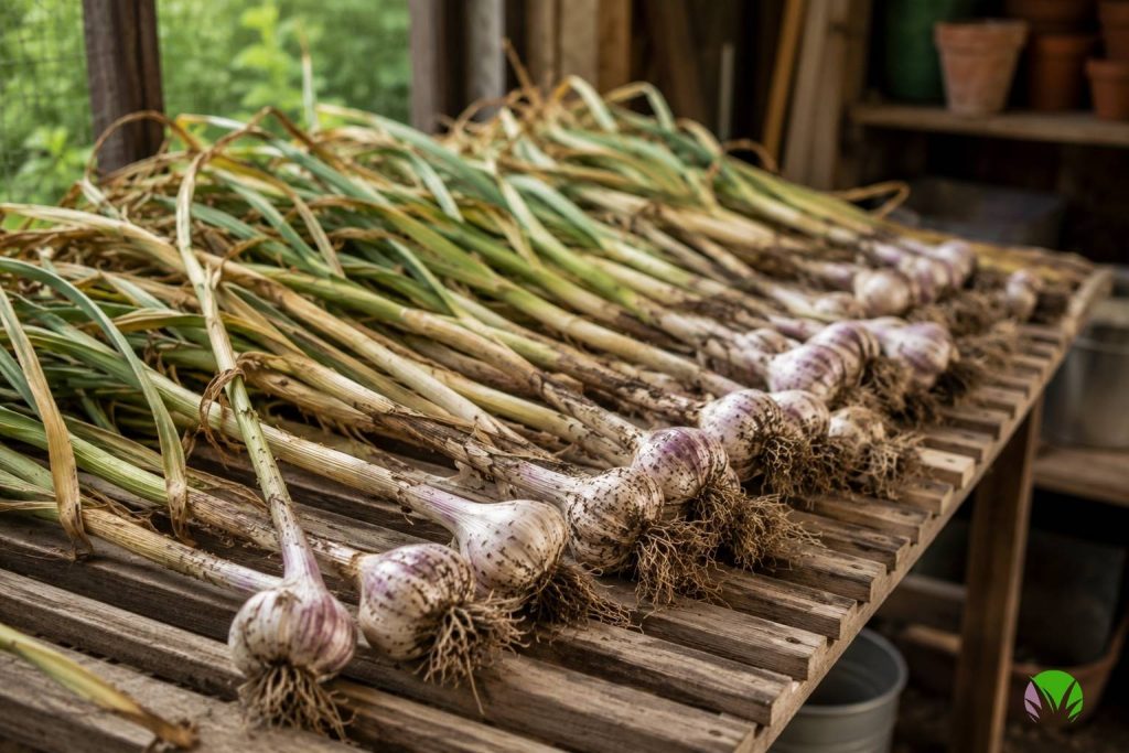 Harvested garlic bulbs laid out to cure and dry in an airy spot in the UK