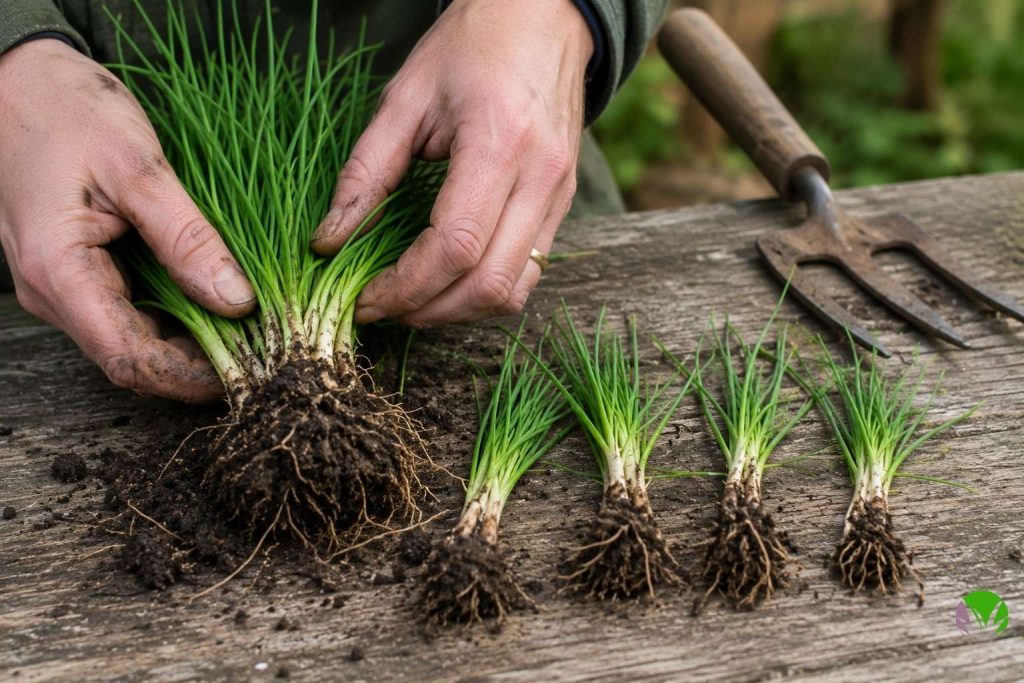 Chive clump being divided into smaller sections for propagation in a UK garden