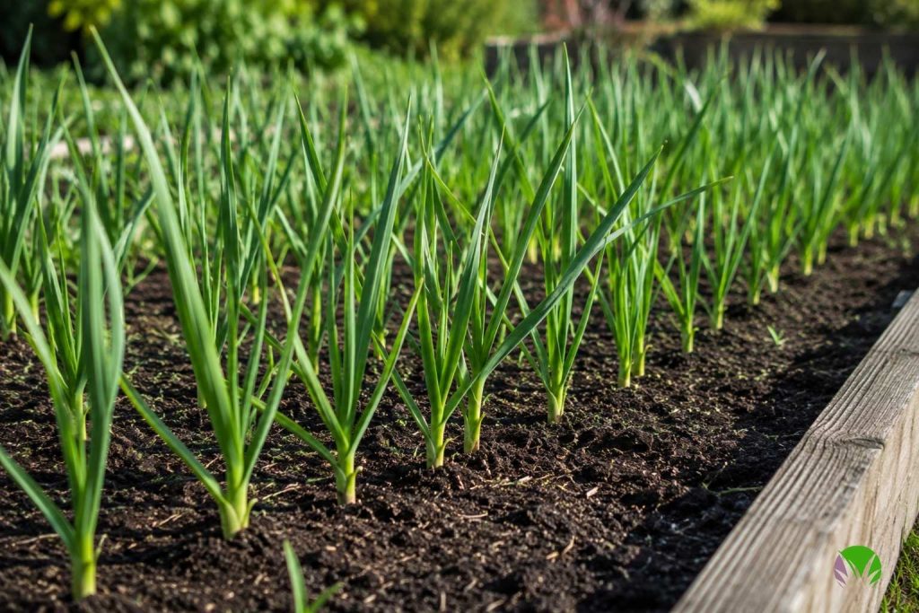 Rows of garlic with healthy green shoots growing in a UK garden bed in spring