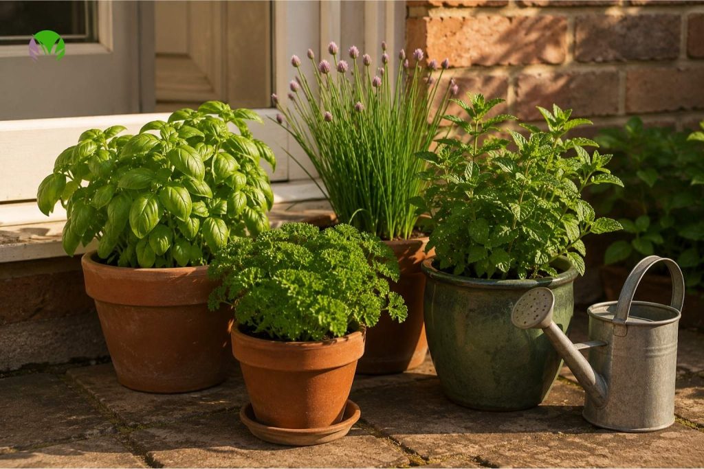 Herbs growing in pots by a UK kitchen door including basil parsley and chives