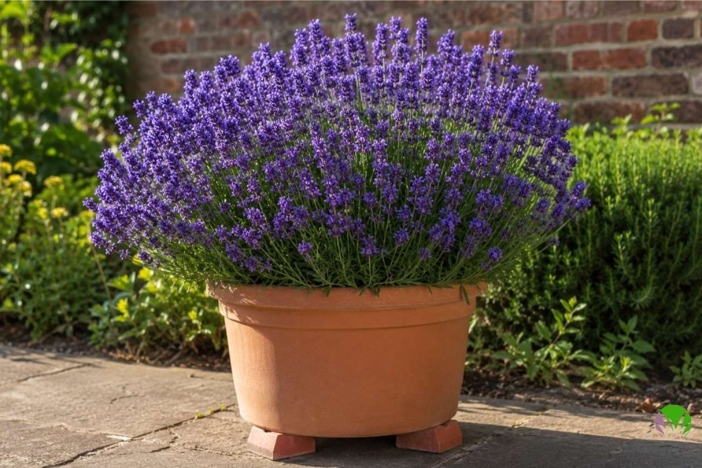 English lavender flowering in a large terracotta pot on a sunny UK patio