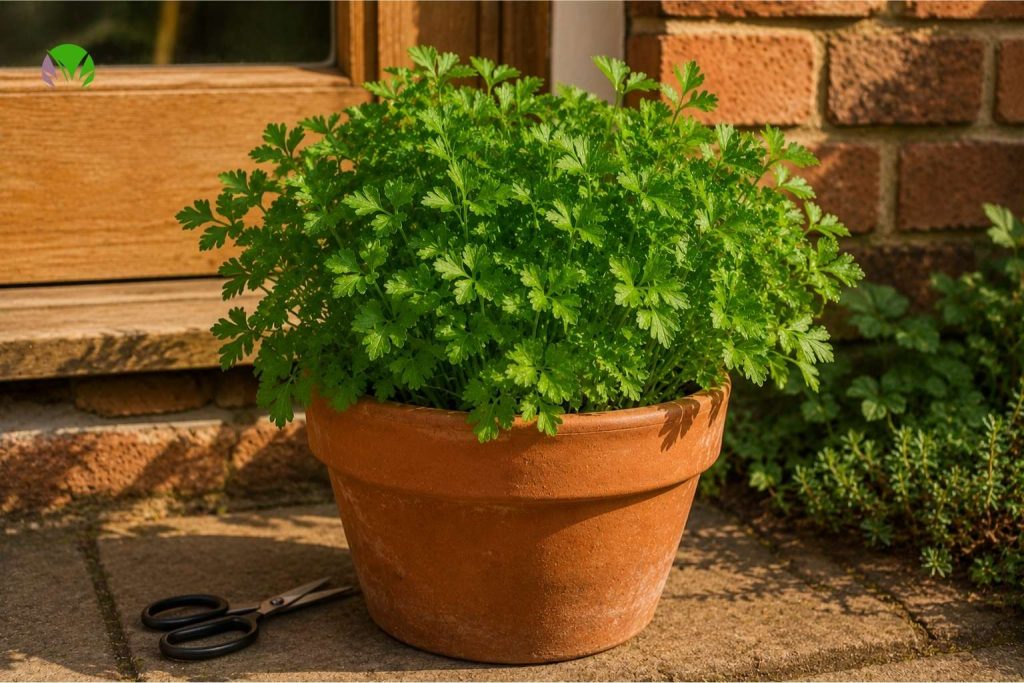 A large pot of healthy parsley growing by a UK kitchen back door