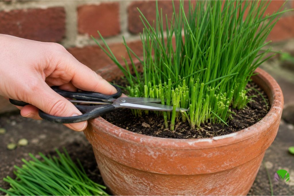 Hand cutting chive stems back hard to 2cm above the soil for proper harvesting in a UK garden