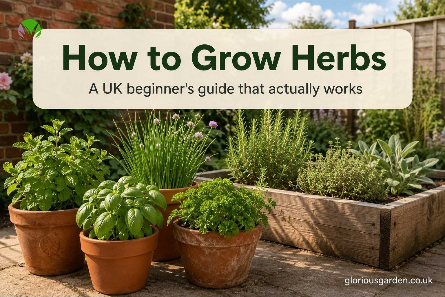 Mixed herbs growing in a UK garden including mint, thyme, rosemary, chives and basil