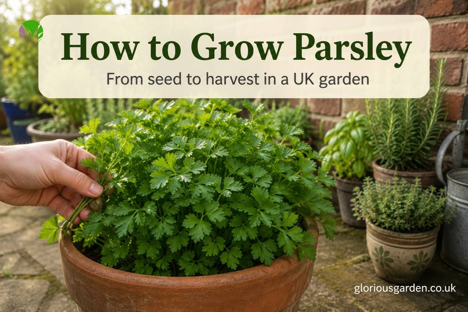 Healthy flat-leaf parsley growing in a terracotta pot in a UK garden