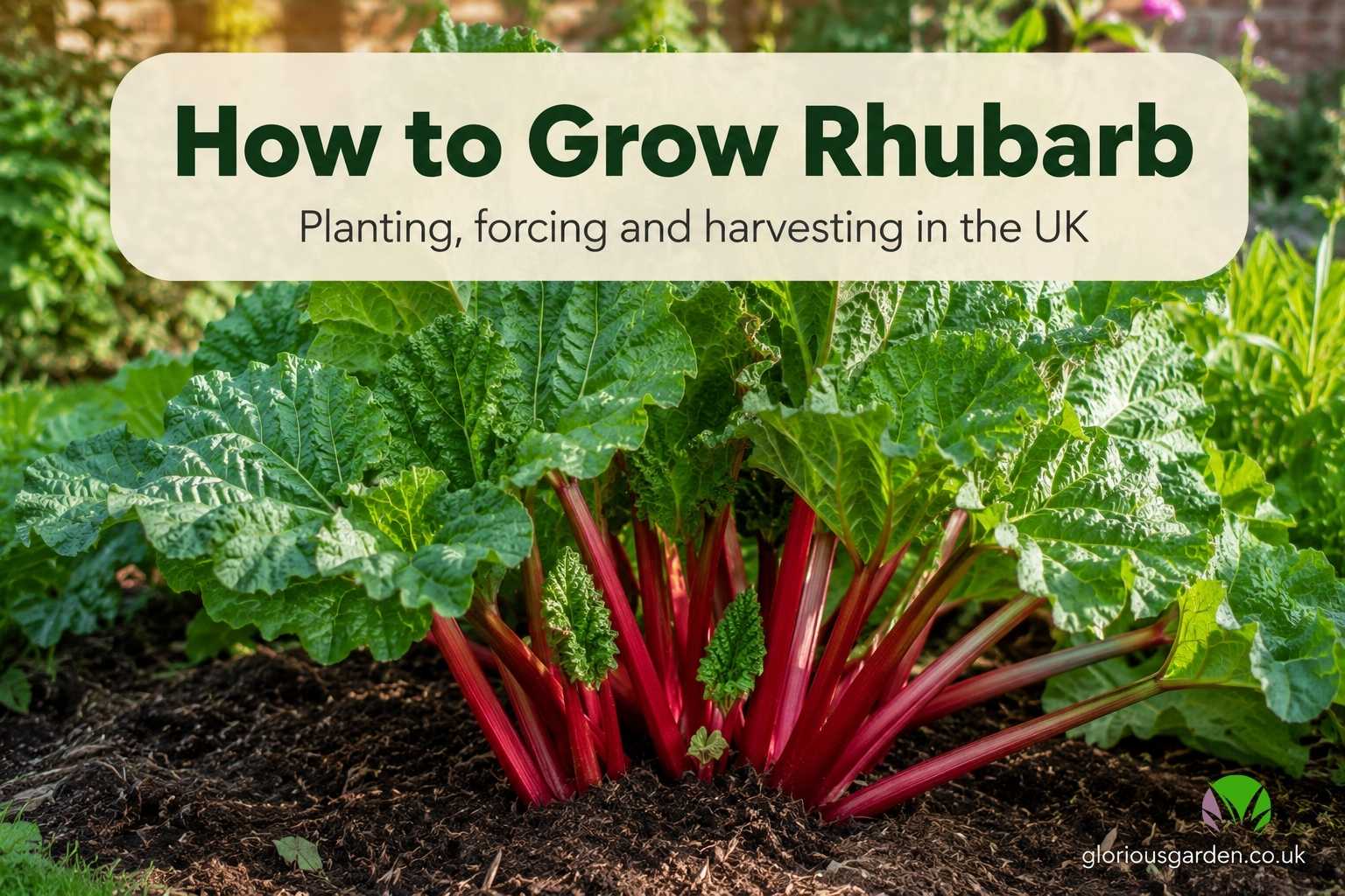 Healthy rhubarb plant with fat pink stems and large green leaves in a UK garden