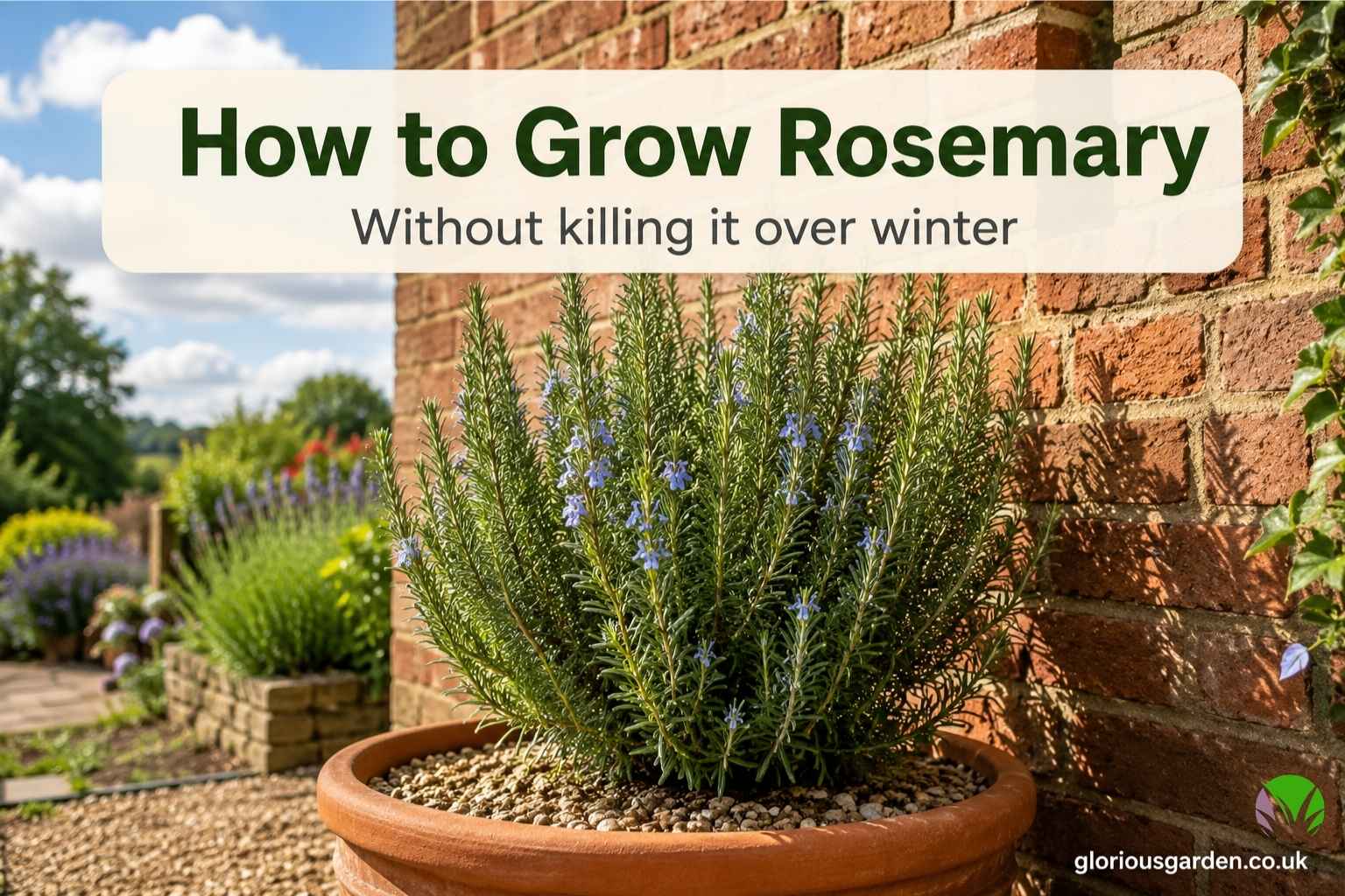 Healthy rosemary plant growing in a terracotta pot against a UK garden wall
