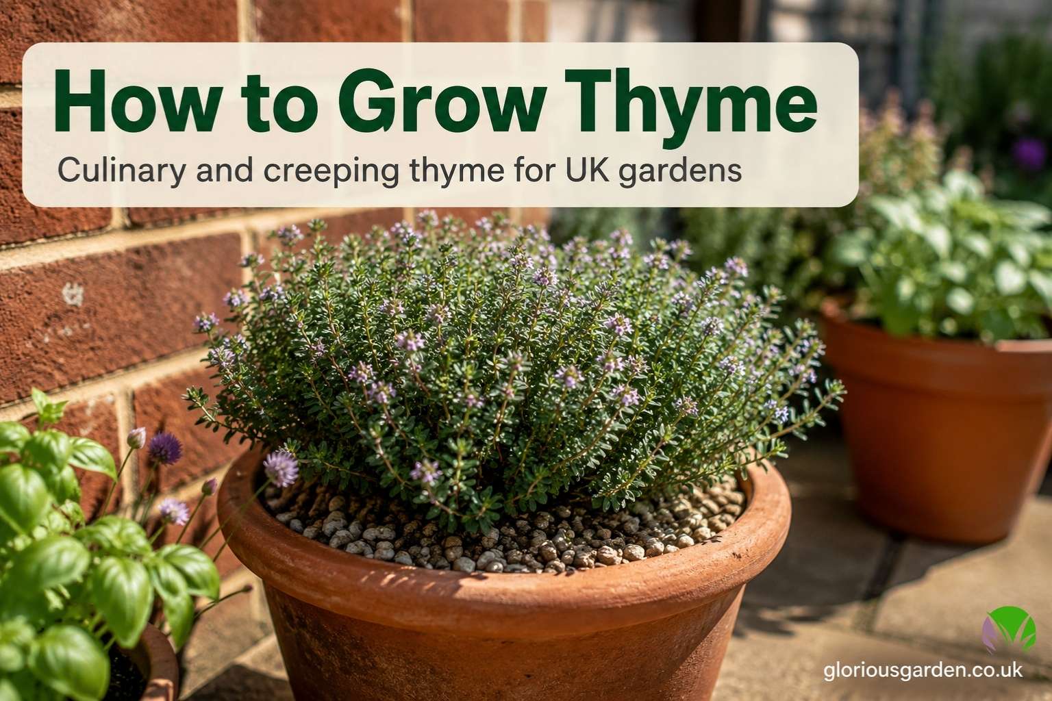 Culinary thyme growing in a terracotta pot in a sunny UK garden