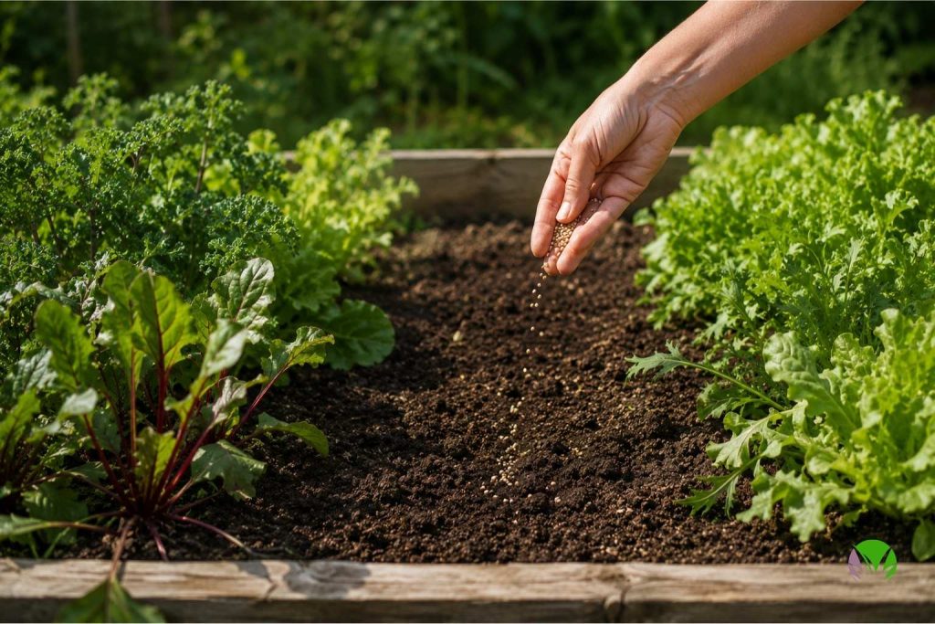 A freshly cleared gap in a UK vegetable bed being resown with quick catch crops in July