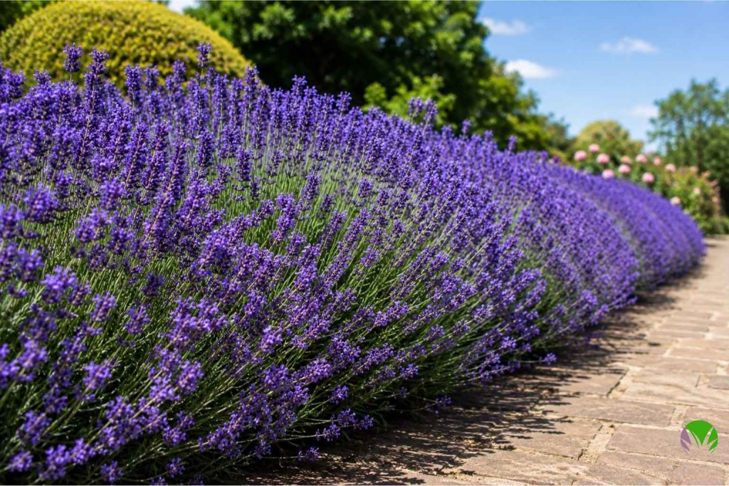 A flowering lavender hedge along a path in a UK garden with bees