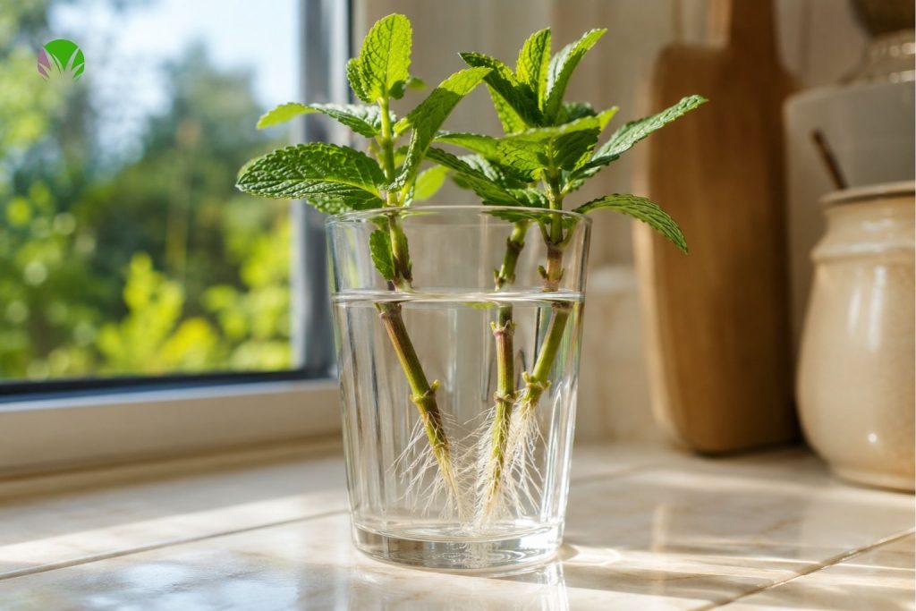 Mint cuttings rooting in a glass of water on a UK kitchen windowsill showing new white roots
Title: Propagating mint from cuttings UK