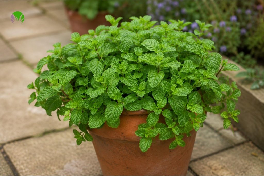 Mint plant in a terracotta pot showing contained growth that stops runners spreading into the garden