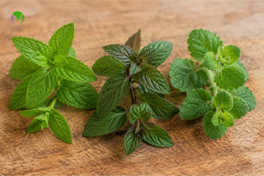Three different mint varieties shown side by side including spearmint peppermint and apple mint