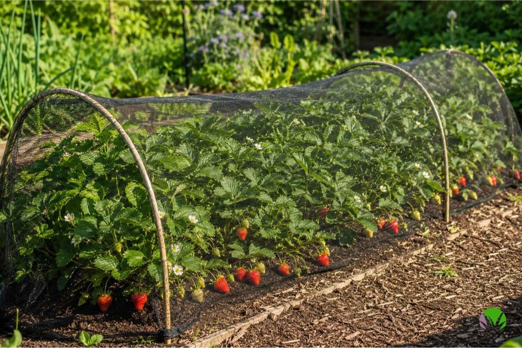 Strawberry plants covered with protective netting against birds in a UK garden