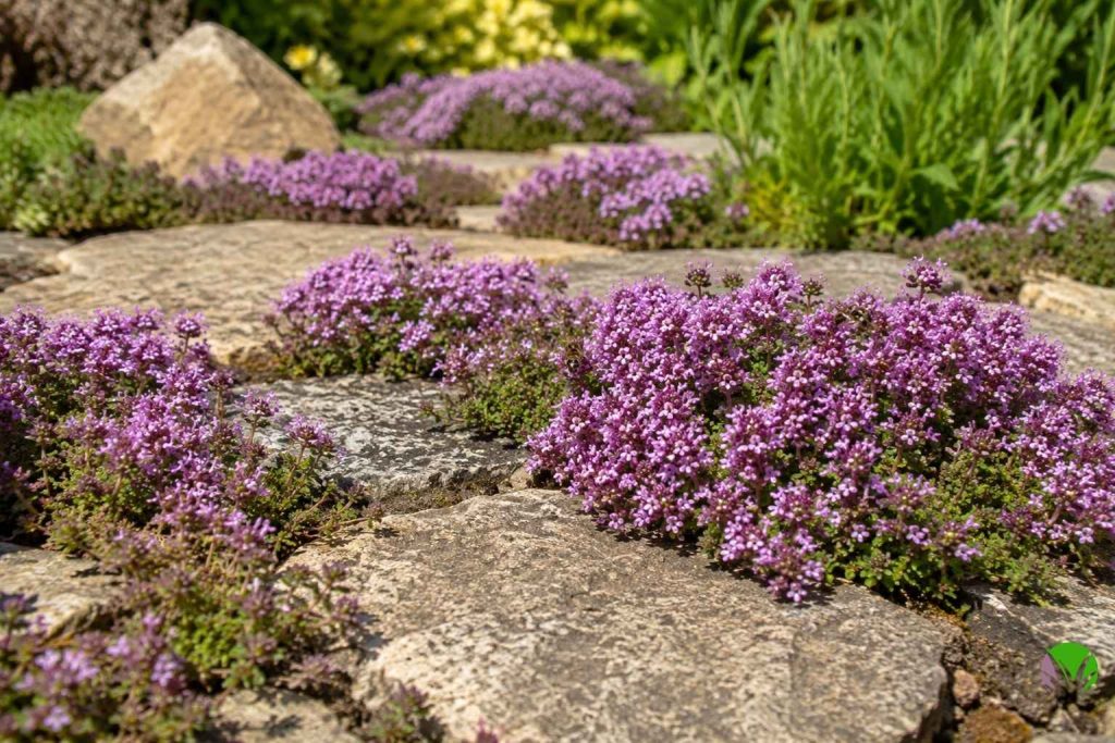 Creeping thyme planted between paving stones flowering in a UK garden path