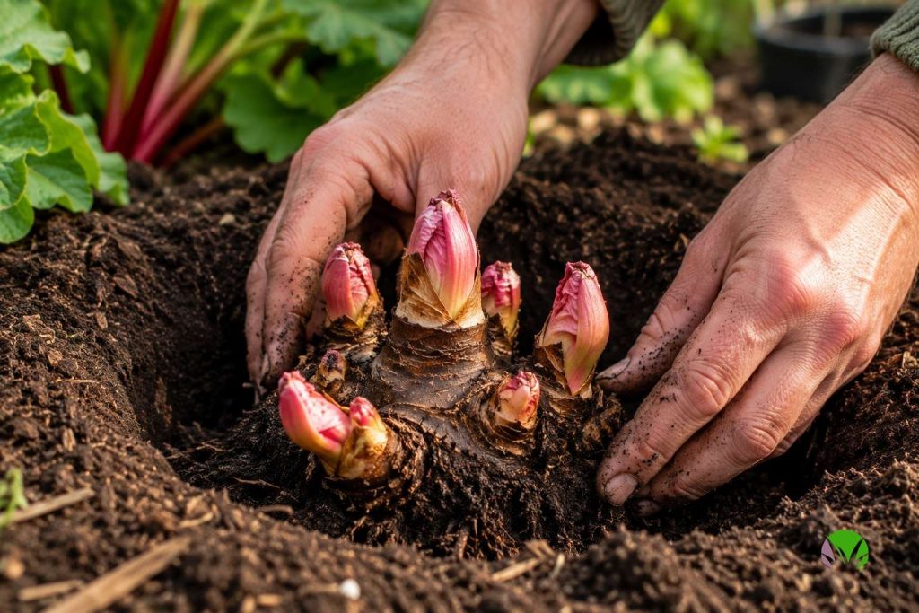 A rhubarb crown being planted with the buds at soil level in an enriched UK garden bed