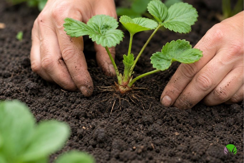 A strawberry plant being planted with the crown at soil level in a UK garden