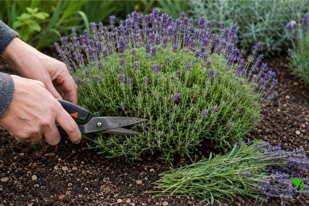 Lavender being pruned into a neat dome shape with shears after flowering in a UK garden