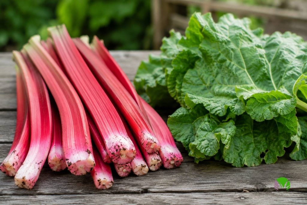 Harvested rhubarb stalks separated from their toxic green leaves on a UK garden bench