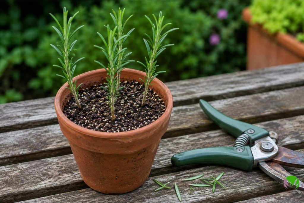 Rosemary cuttings prepared and pushed into a pot of gritty compost for propagation in a UK garden
