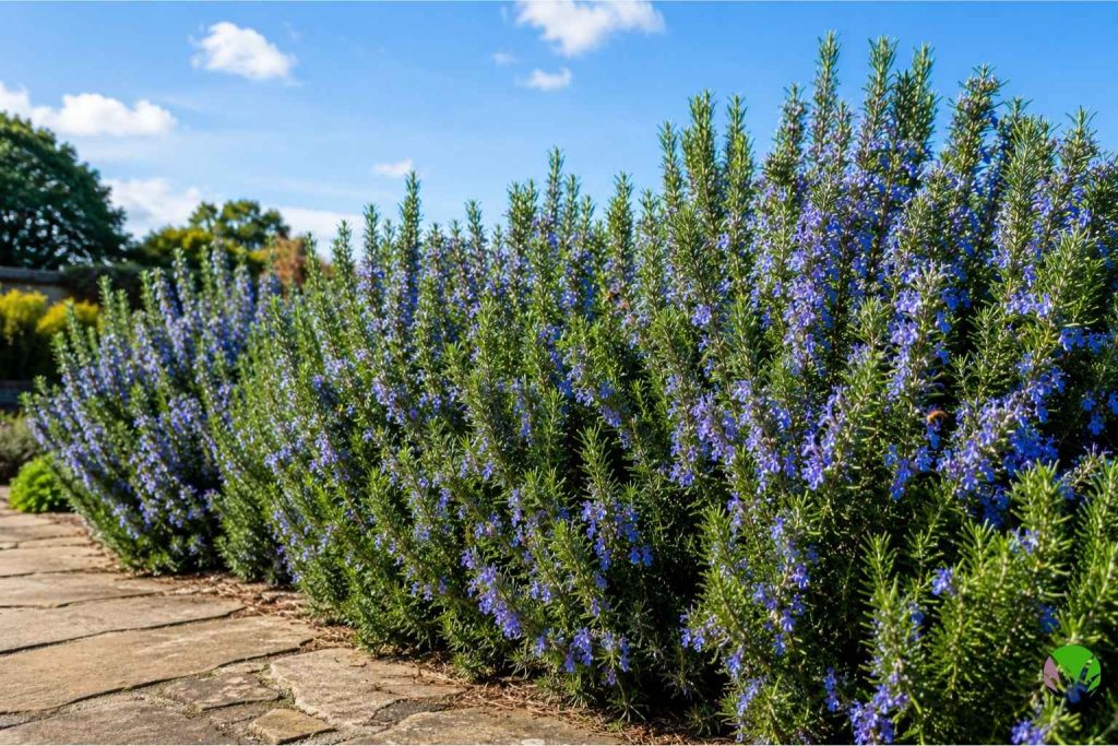 A mature rosemary hedge in flower along a path in a UK garden