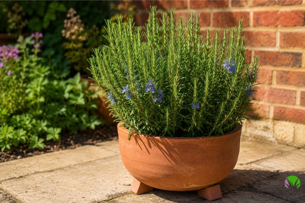 Established rosemary plant in a large terracotta pot on a sunny UK patio