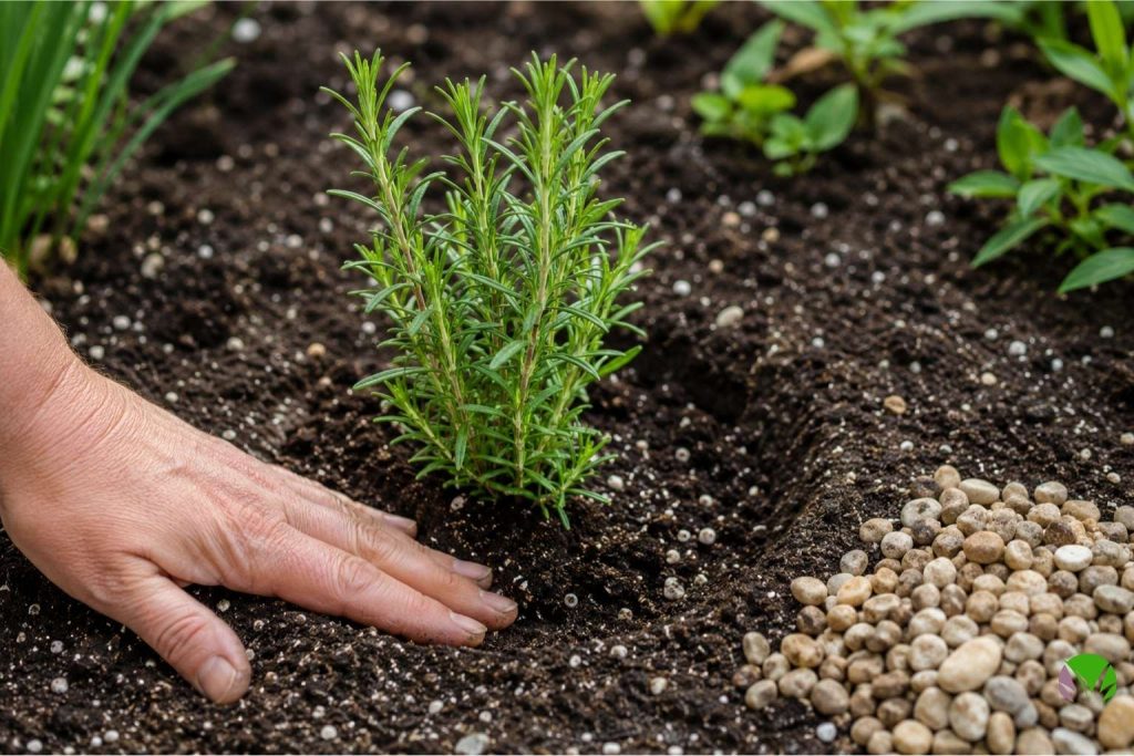 Rosemary plant being planted in a UK garden with horticultural grit and gravel mulch for drainage