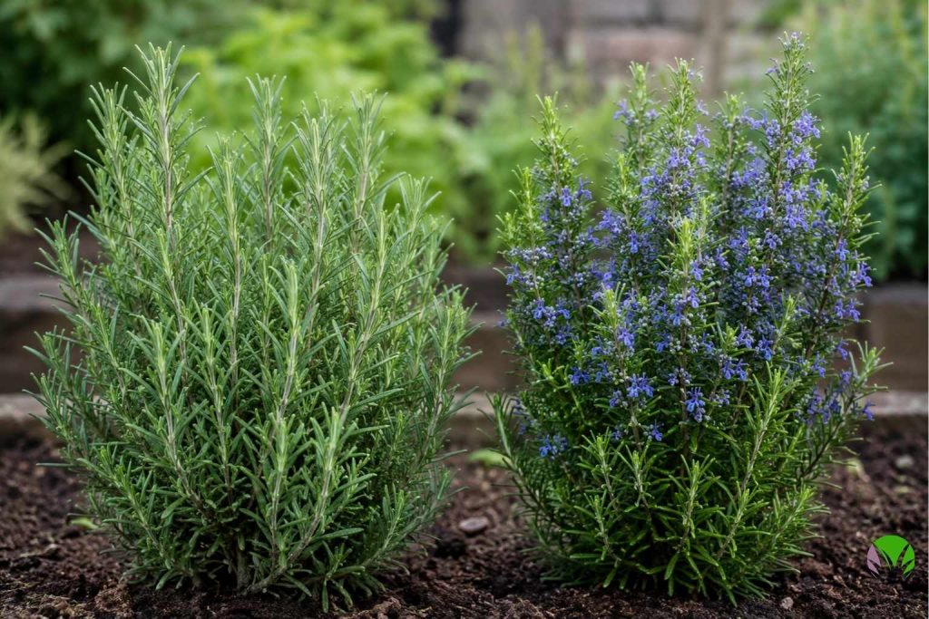 Two upright rosemary varieties Miss Jessopps Upright and Tuscan Blue shown together in a UK garden