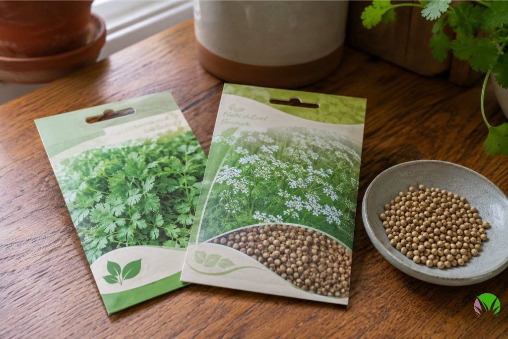 Seed packets of slow-bolt coriander varieties Calypso and Confetti for UK gardens
