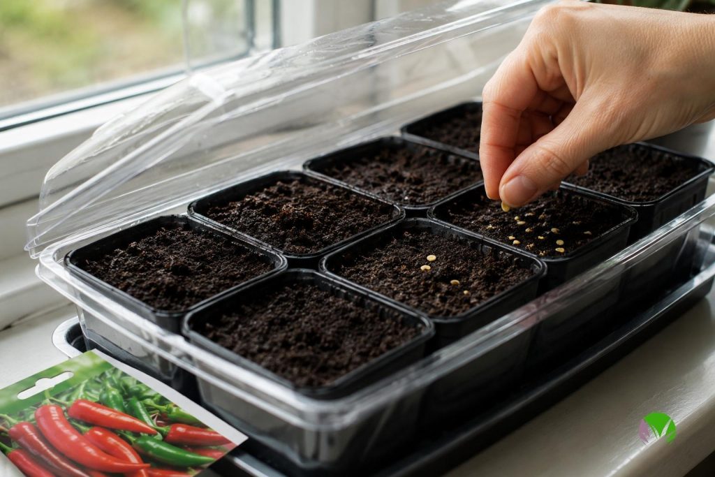 Chilli seeds being sown indoors in a heated propagator on a windowsill in late winter