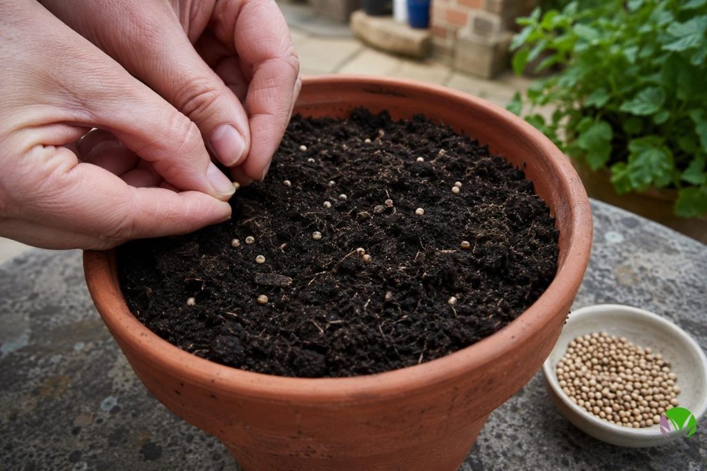 Coriander seeds being sown directly into a terracotta pot of compost in a UK garden