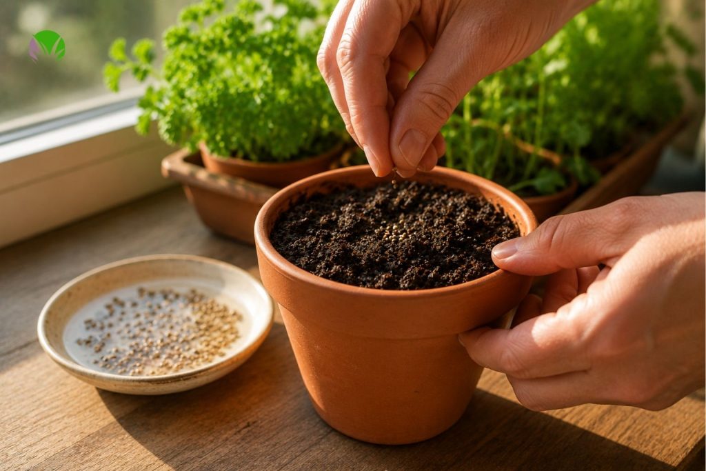 Parsley seeds being sown into compost in small pots on a kitchen windowsill