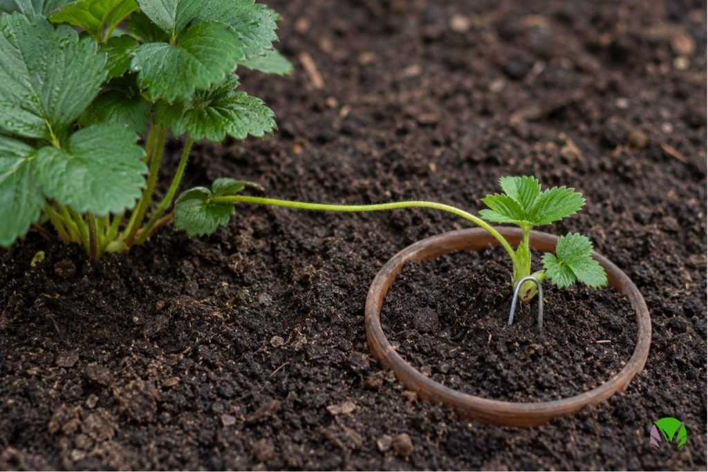 A strawberry runner with a baby plant being pegged into a pot of compost in a UK garden