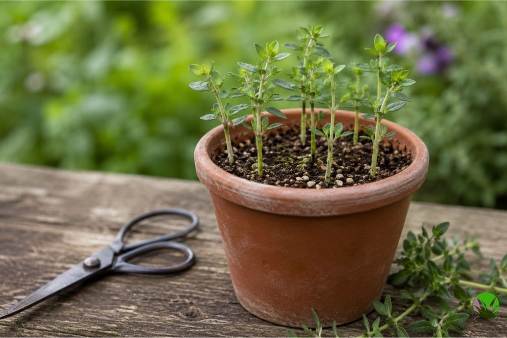 Thyme cuttings pushed into gritty compost for propagation in a UK garden