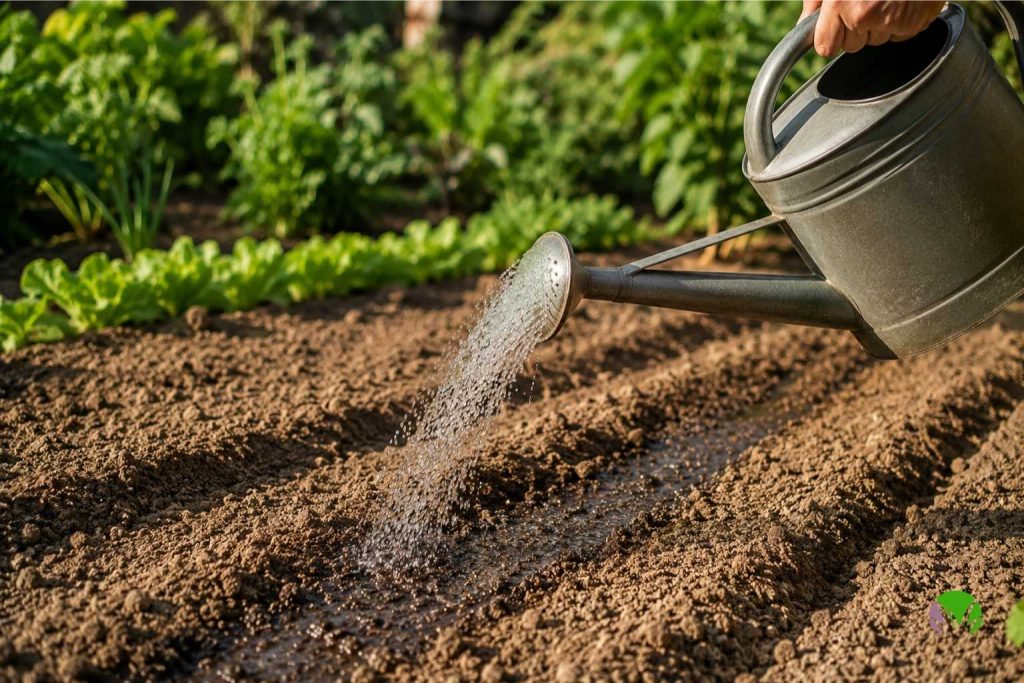 Watering a newly sown seed drill in a UK garden during warm July weather