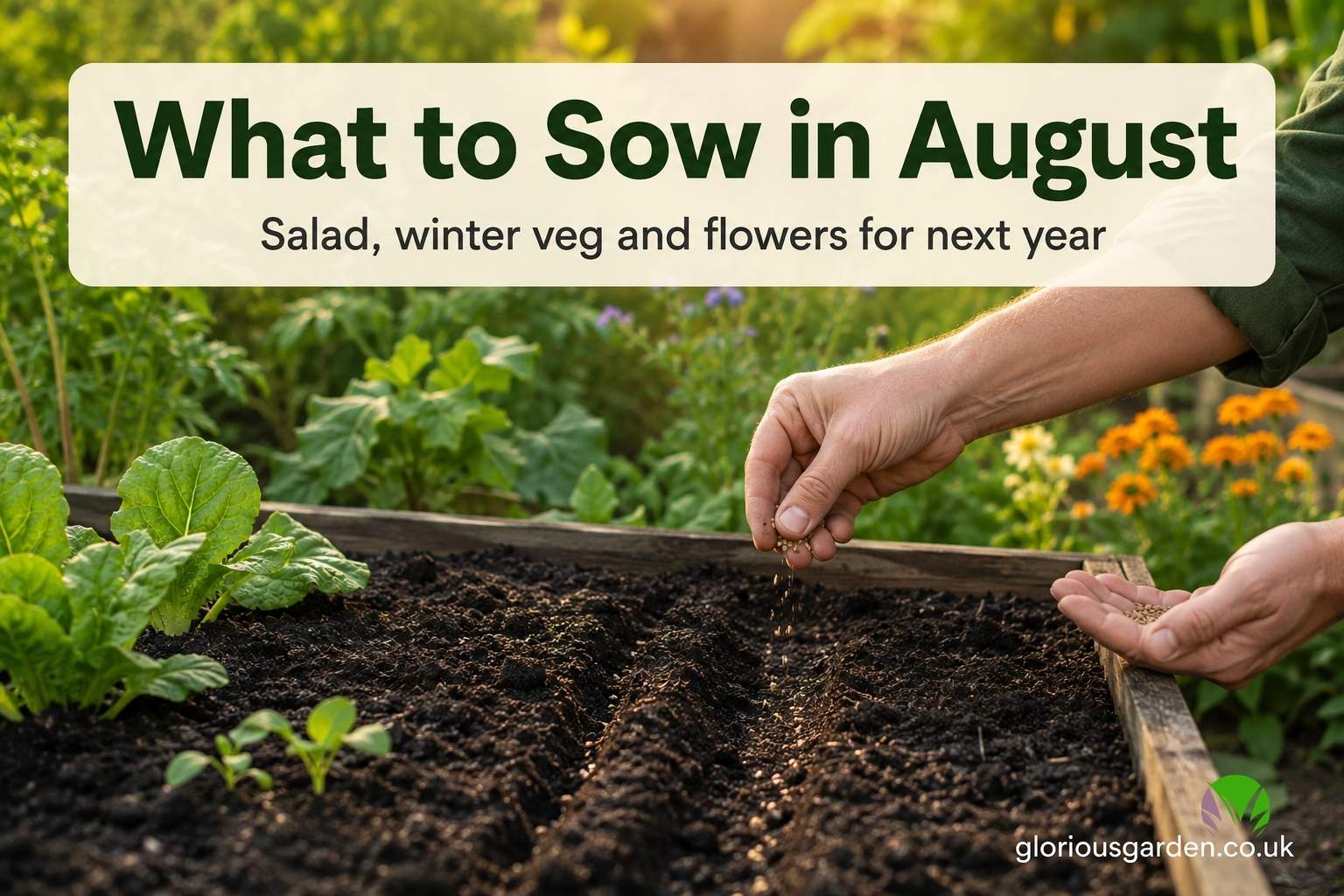 Hands sowing fine seed into a watered drill in a sunny August vegetable bed