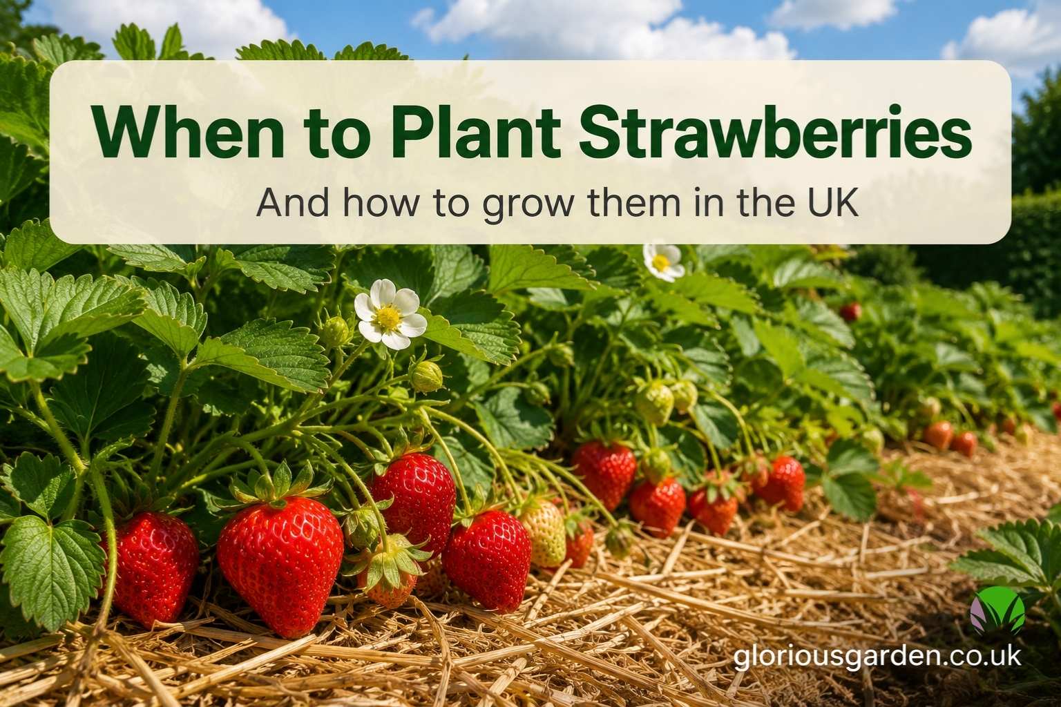 Ripe red strawberries growing on healthy plants in a sunny UK garden