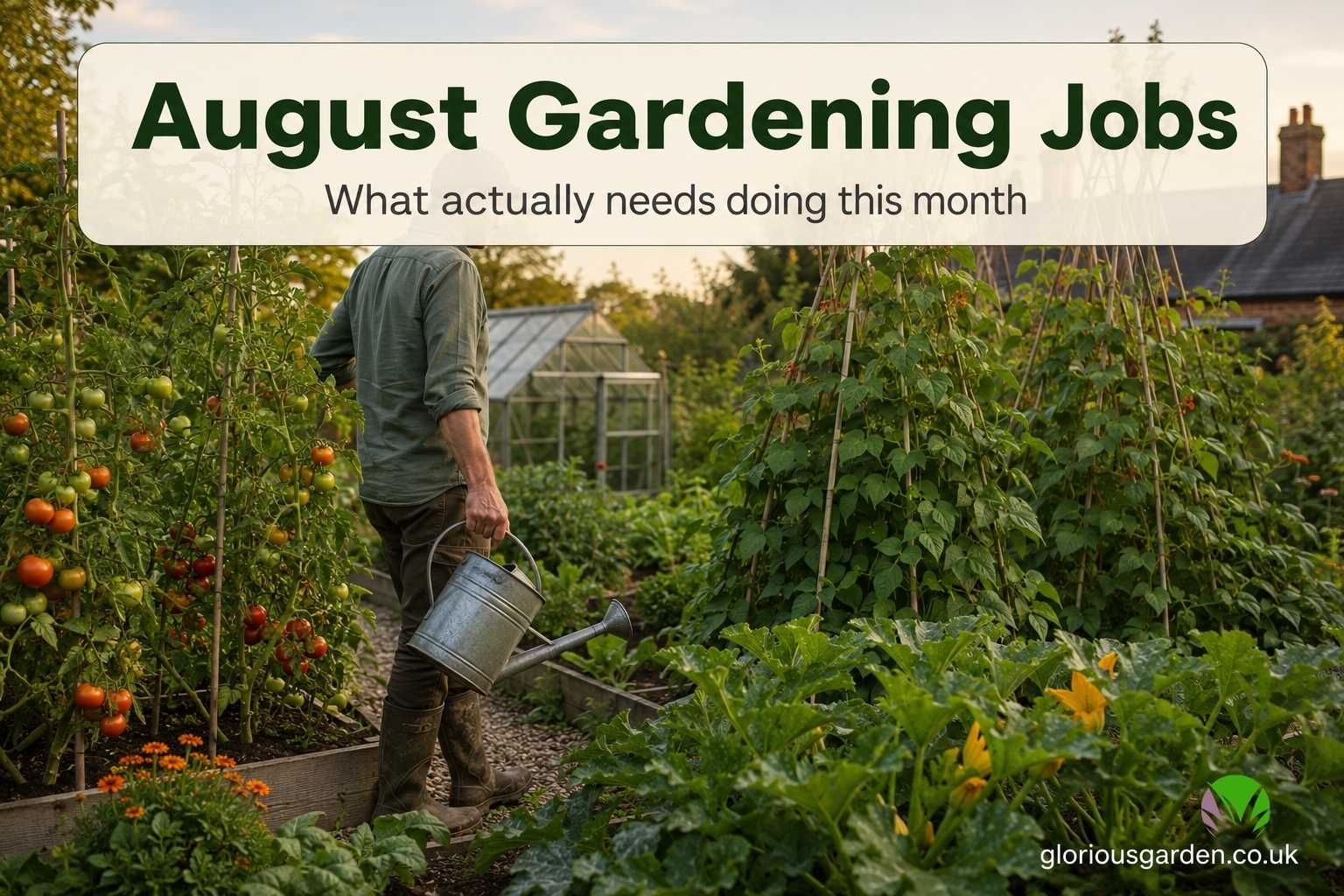 Gardener watering tomatoes and picking beans in a full August vegetable garden