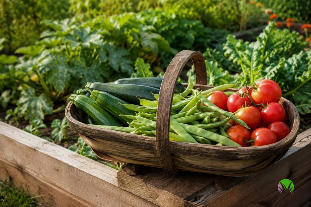 Trug filled with freshly picked courgettes, runner beans and ripe tomatoes in August