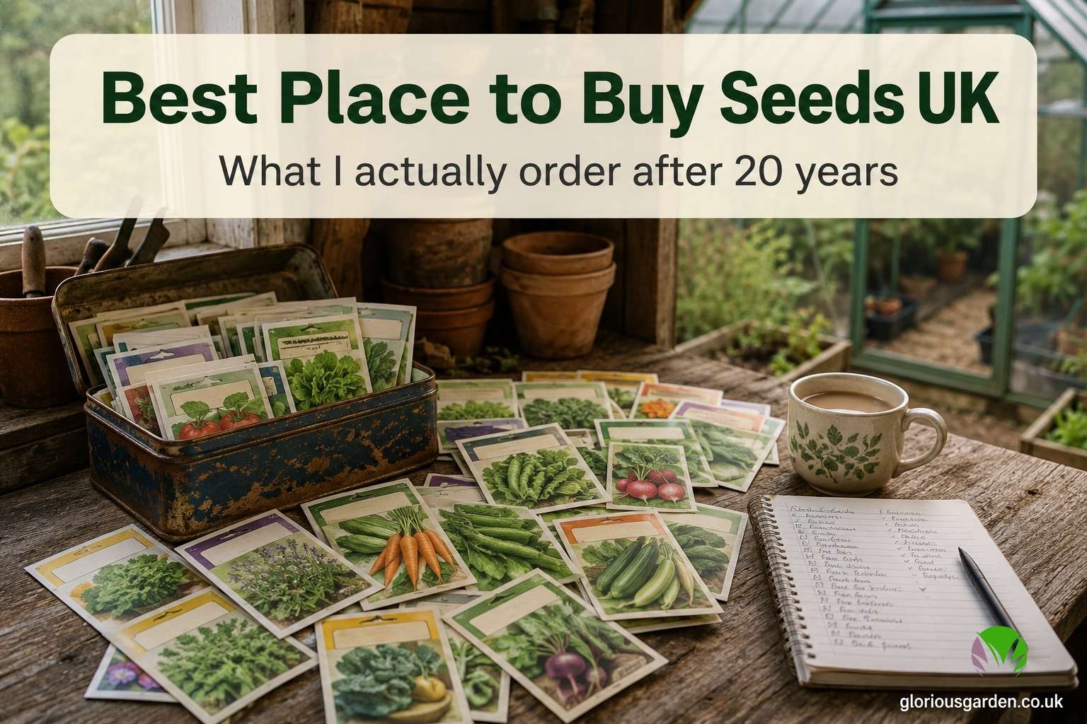 Best place to buy seeds UK, a spread of vegetable seed packets on a potting bench