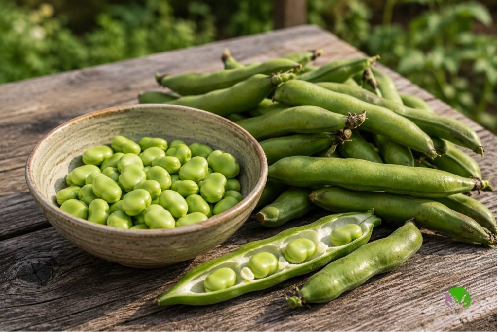 Freshly podded broad beans in a bowl beside a pile of picked green pods