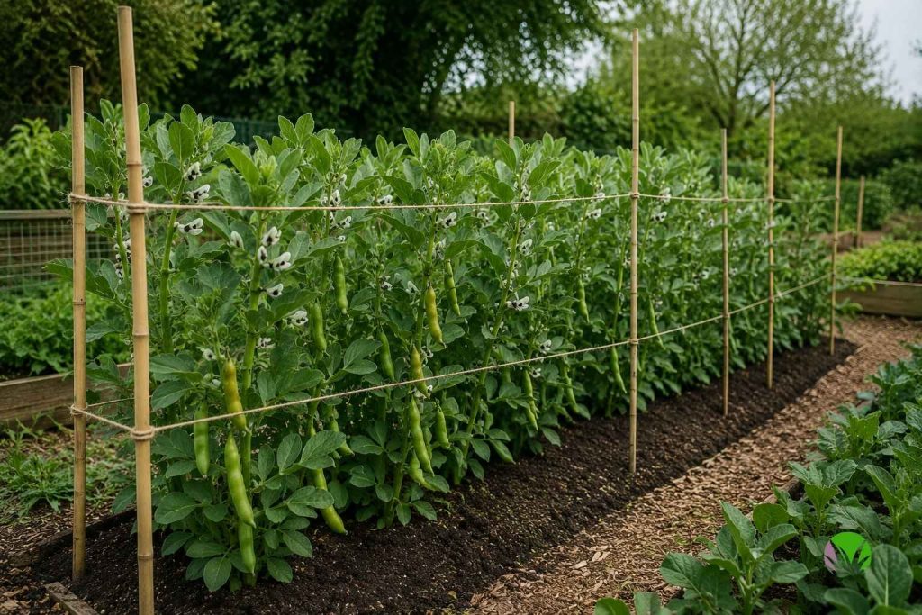 Broad bean plants supported by garden string run between bamboo canes around the row