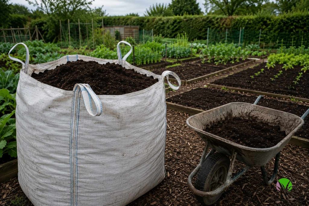 Bulk bag of compost beside a wheelbarrow next to no dig vegetable beds